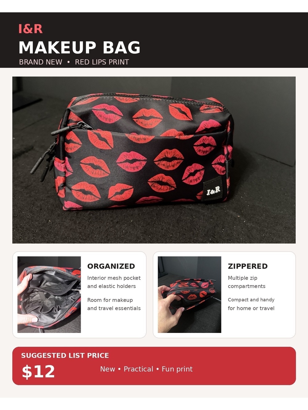 I&R Black & Red Lips Makeup Bag Organizer - Brand New